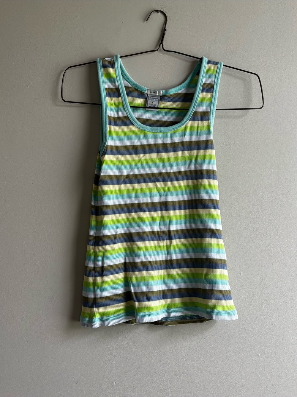 90s VTG Old Navy Striped Ribbed Tank‎ in Aqua, Lime, Gray & White